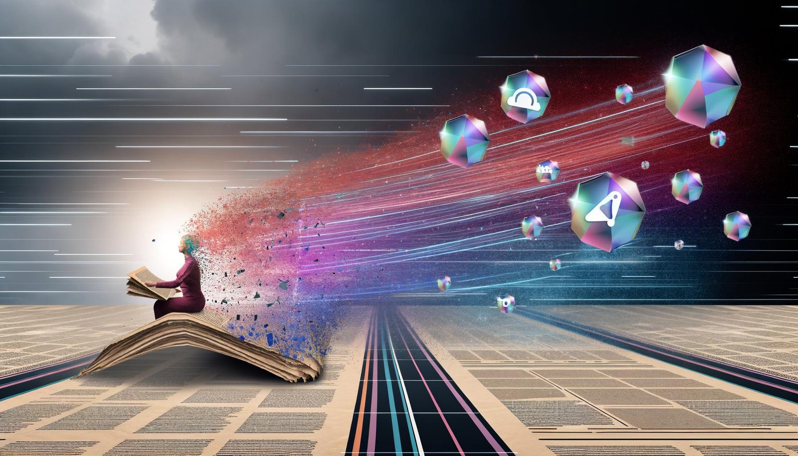 Visionäre Person sitzt vor großem, buntem Bildschirm mit digitalem Code und AI-Symbolen, während alte Zeitungsseiten und CMS-Layouts im Hintergrund zu Staub zerfallen.