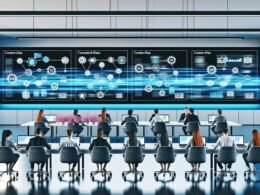 Professionelle Marketing-Teams arbeiten an Laptops an einem langen Tisch im modernen Großraumbüro, zwischen Touchscreens mit Workflow-Diagrammen und digitalen Assistenten in kühlen Blau- und Grautönen.