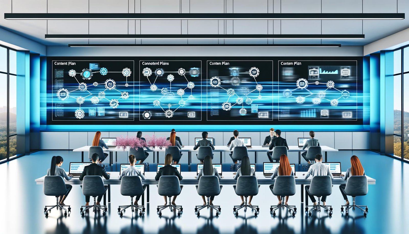 Professionelle Marketing-Teams arbeiten an Laptops an einem langen Tisch im modernen Großraumbüro, zwischen Touchscreens mit Workflow-Diagrammen und digitalen Assistenten in kühlen Blau- und Grautönen.