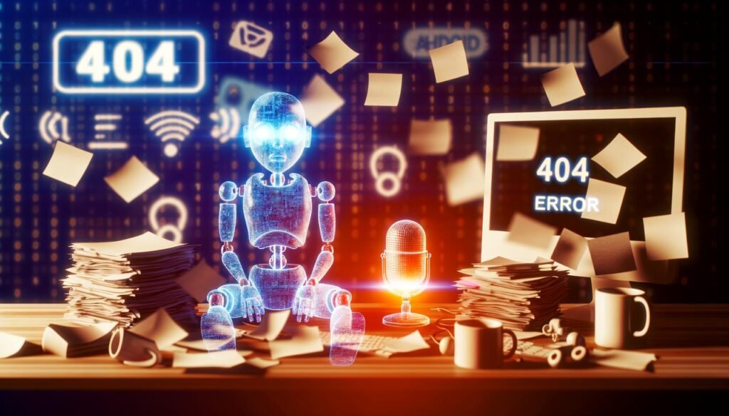 Überforderte künstliche Intelligenz sitzt an einem chaotischen digitalen Schreibtisch, blickt auf ein blinkendes 404 Error-Symbol, umgeben von Notizen, Fehlermeldungen, Kaffeetassen, Podcast-Equipment und Social-Media-Icons.