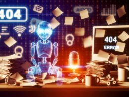 Überforderte künstliche Intelligenz sitzt an einem chaotischen digitalen Schreibtisch, blickt auf ein blinkendes 404 Error-Symbol, umgeben von Notizen, Fehlermeldungen, Kaffeetassen, Podcast-Equipment und Social-Media-Icons.