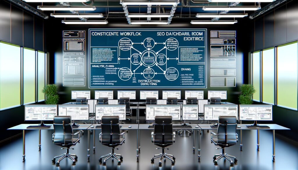 Modernes Redaktionsbüro im industriellen Maschinenraum-Stil mit Monitoren, die SEO-Dashboards, Content-Abläufe und Redaktionspläne sowie ein strategisches Blueprint-Diagramm zeigen.