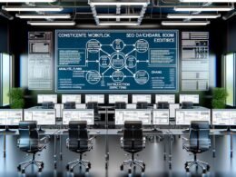 Modernes Redaktionsbüro im industriellen Maschinenraum-Stil mit Monitoren, die SEO-Dashboards, Content-Abläufe und Redaktionspläne sowie ein strategisches Blueprint-Diagramm zeigen.