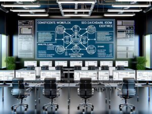 Modernes Redaktionsbüro im industriellen Maschinenraum-Stil mit Monitoren, die SEO-Dashboards, Content-Abläufe und Redaktionspläne sowie ein strategisches Blueprint-Diagramm zeigen.