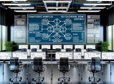 Modernes Redaktionsbüro im industriellen Maschinenraum-Stil mit Monitoren, die SEO-Dashboards, Content-Abläufe und Redaktionspläne sowie ein strategisches Blueprint-Diagramm zeigen.