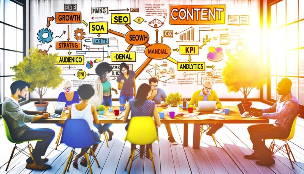 Modernes Content-Team arbeitet im hellen Büro kreativ zusammen, mit Whiteboard, Diagrammen, Laptops und Strategie-Screen.