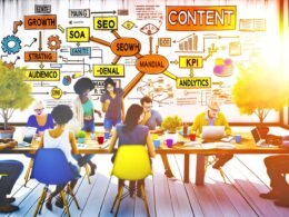 Modernes Content-Team arbeitet im hellen Büro kreativ zusammen, mit Whiteboard, Diagrammen, Laptops und Strategie-Screen.