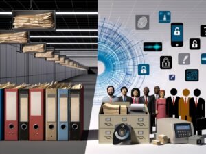 Korridor einer deutschen Behörde mit Papierakten und Fax auf der einen, digitalen Ausweisen und Smartphone-Apps auf der anderen Seite; Bürger zwischen analoger Skepsis und digitalen Symbolen für Sicherheit.