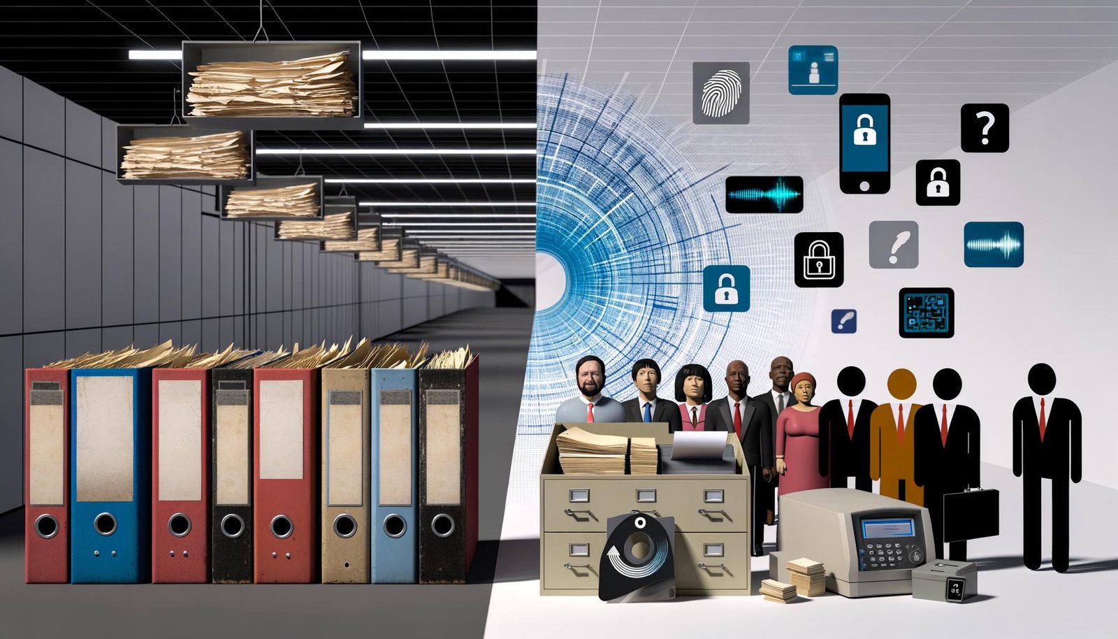 Korridor einer deutschen Behörde mit Papierakten und Fax auf der einen, digitalen Ausweisen und Smartphone-Apps auf der anderen Seite; Bürger zwischen analoger Skepsis und digitalen Symbolen für Sicherheit.