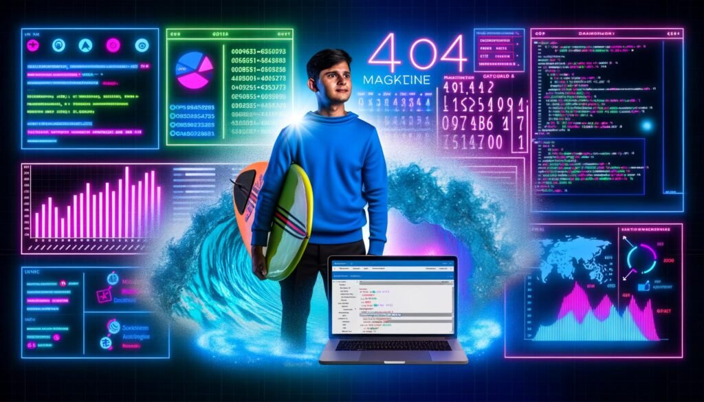 Junger Marketer mit Surfbrett vor leuchtender Datenwelle aus Diagrammen, Codes und Marketinggrafiken, Laptop mit RStudio im Vordergrund.