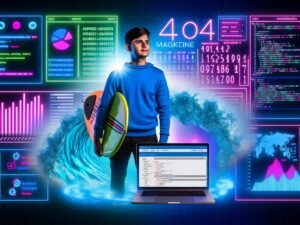 Junger Marketer mit Surfbrett vor leuchtender Datenwelle aus Diagrammen, Codes und Marketinggrafiken, Laptop mit RStudio im Vordergrund.