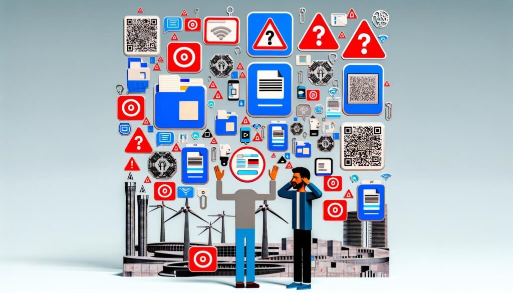 Frustrierter Bürger mit Smartphone und Personalausweis vor digitalem Stadtbild voller Verwaltungs-Symbole, Fehler-Popups und Berliner Flughafen-Baustelle.