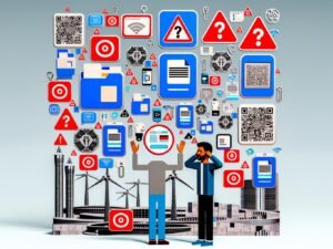 Frustrierter Bürger mit Smartphone und Personalausweis vor digitalem Stadtbild voller Verwaltungs-Symbole, Fehler-Popups und Berliner Flughafen-Baustelle.