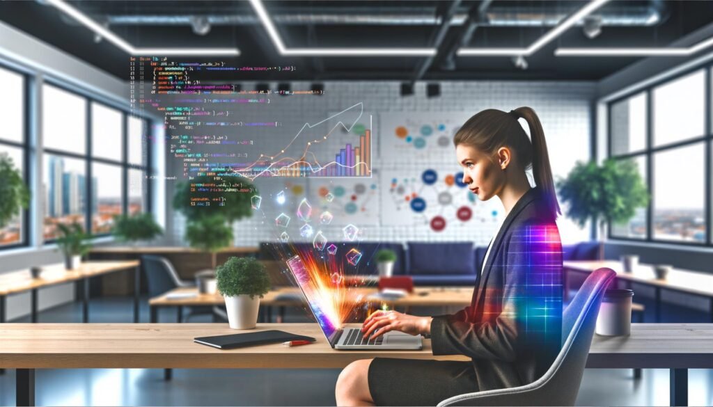 Junge Marketingexpertin arbeitet an einem Laptop mit geöffnetem RStudio und buntem Balkendiagramm, umgeben von Whiteboards, Pflanzen und großen Fenstern in einem modernen Büro.