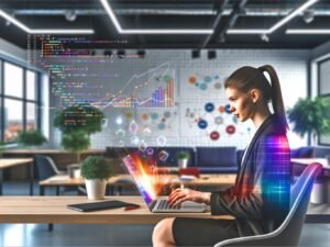 Junge Marketingexpertin arbeitet an einem Laptop mit geöffnetem RStudio und buntem Balkendiagramm, umgeben von Whiteboards, Pflanzen und großen Fenstern in einem modernen Büro.