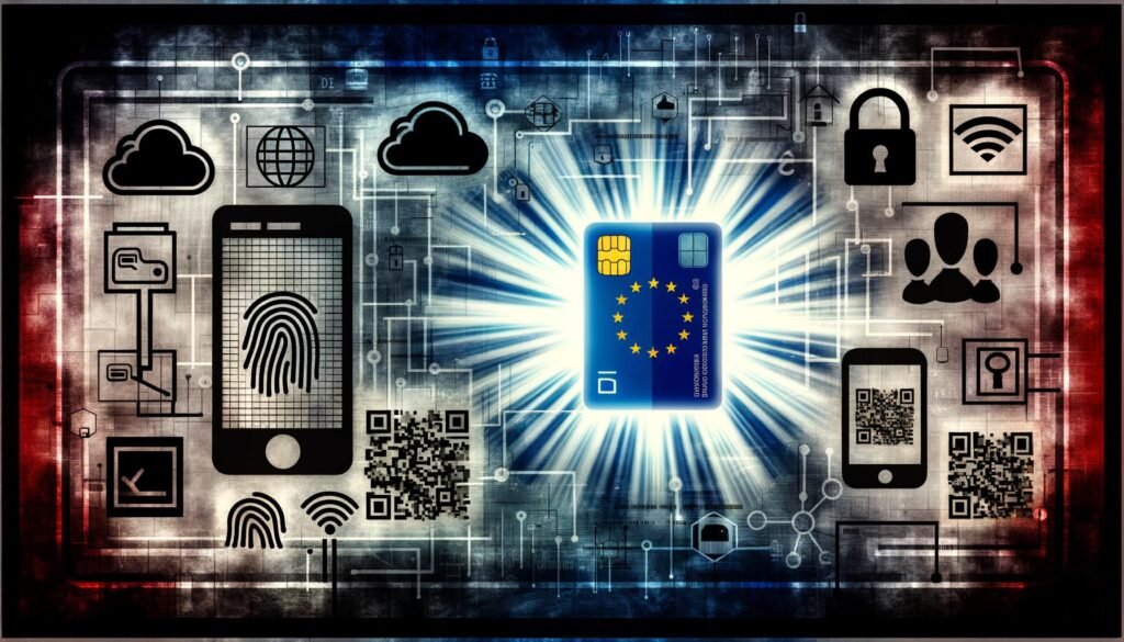 Moderne Collage mit leuchtendem deutschem Personalausweis, NFC-Chip, Cloud-Icon, Smartphone mit Fingerabdruck, Schloss-Symbol, EU-Flagge, stilisierten Behörden und zersplittertem Netzwerk aus QR-Codes zur digitalen Identität in Deutschland.