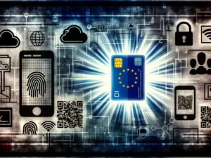 Moderne Collage mit leuchtendem deutschem Personalausweis, NFC-Chip, Cloud-Icon, Smartphone mit Fingerabdruck, Schloss-Symbol, EU-Flagge, stilisierten Behörden und zersplittertem Netzwerk aus QR-Codes zur digitalen Identität in Deutschland.