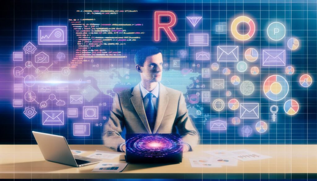 Marketing-Profi an modernem Schreibtisch mit R-Code auf Laptop, holografischen Diagrammen, Excel-Tabellen und Social Media Symbolen in produktiver, zukunftsorientierter Umgebung.