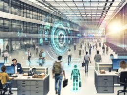 Futuristisches deutsches Büro mit Menschen, die digitale Geräte, holografische Ausweise und biometrische Scanner nutzen, während traditionelle Bürokratie mit Akten und Stempeln präsent bleibt.