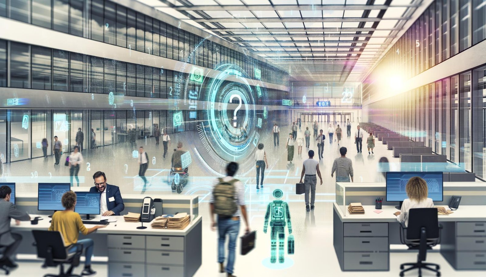 Futuristisches deutsches Büro mit Menschen, die digitale Geräte, holografische Ausweise und biometrische Scanner nutzen, während traditionelle Bürokratie mit Akten und Stempeln präsent bleibt.