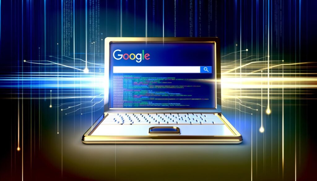 Futuristisches Titelbild mit Laptop, gold gerahmtem Snippet, Datenströmen und technischen SEO-Icons vor blau-weiß-goldenem Hintergrund.