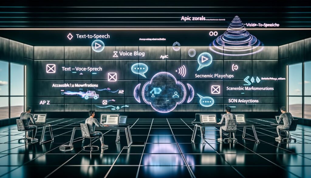 Entwickler und Online-Marketer arbeiten konzentriert in einem modernen Co-Working-Space, umgeben von holographischen Soundwellen und Sprechblasen, mit Anzeigen zu Text-to-Speech und SEO-Analytics im Hintergrund.