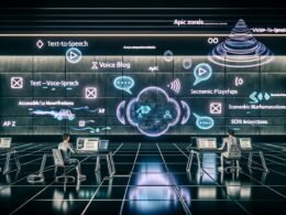 Entwickler und Online-Marketer arbeiten konzentriert in einem modernen Co-Working-Space, umgeben von holographischen Soundwellen und Sprechblasen, mit Anzeigen zu Text-to-Speech und SEO-Analytics im Hintergrund.