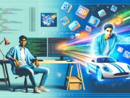 Junger Datenanalyst vor zwei Monitoren mit R-Code und ggplot2-Diagramm, umgeben von Icons moderner R-Pakete und digitalen Datenströmen, im Hintergrund ein angedeuteter Oldtimer als Symbol für Excel.