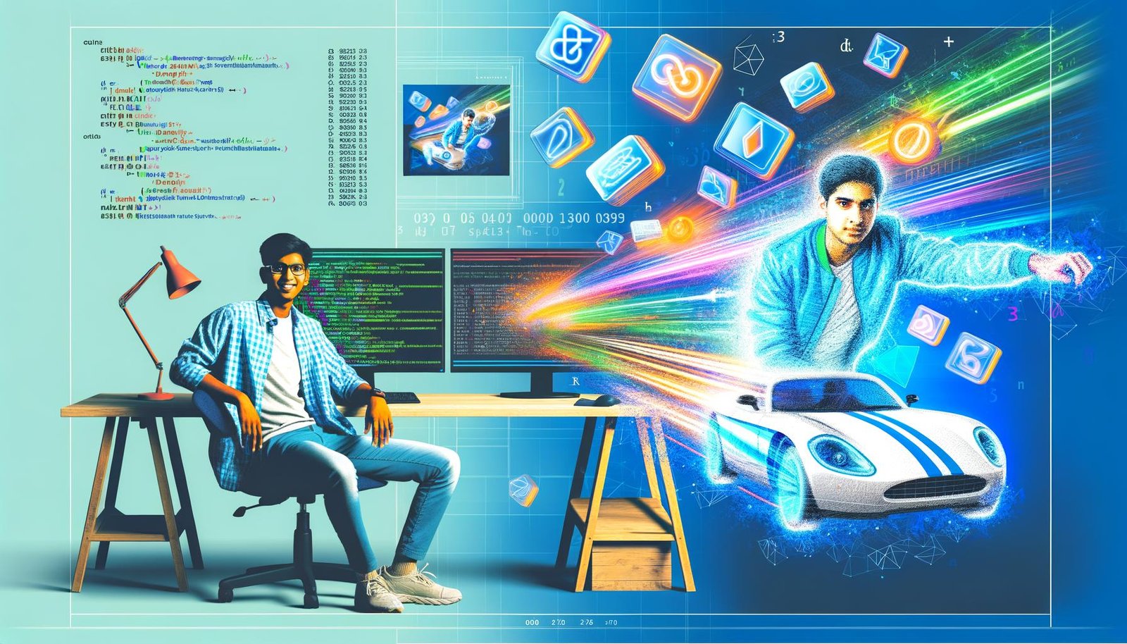 Junger Datenanalyst vor zwei Monitoren mit R-Code und ggplot2-Diagramm, umgeben von Icons moderner R-Pakete und digitalen Datenströmen, im Hintergrund ein angedeuteter Oldtimer als Symbol für Excel.