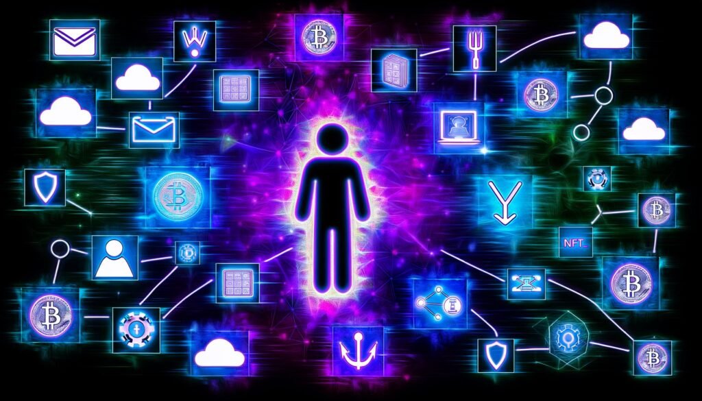 Abstrakte, neonfarbene Illustration einer Person vor einem leuchtenden Web3-Display mit Krypto-Icons, Blockchain-Ketten, NFTs und Logos von Entwickler-Tools. Im Hintergrund stilisierte Diagramme und Frust-Symbole, die die Komplexität des Workflows zeigen.