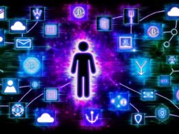 Abstrakte, neonfarbene Illustration einer Person vor einem leuchtenden Web3-Display mit Krypto-Icons, Blockchain-Ketten, NFTs und Logos von Entwickler-Tools. Im Hintergrund stilisierte Diagramme und Frust-Symbole, die die Komplexität des Workflows zeigen.