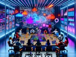 Diverse Marketing- und Kreativprofis diskutieren an einem modernen Konferenztisch mit digitalen Tools, interaktivem Analytics-Screen und bunten Notizen, symbolisch im Content Dschungel.