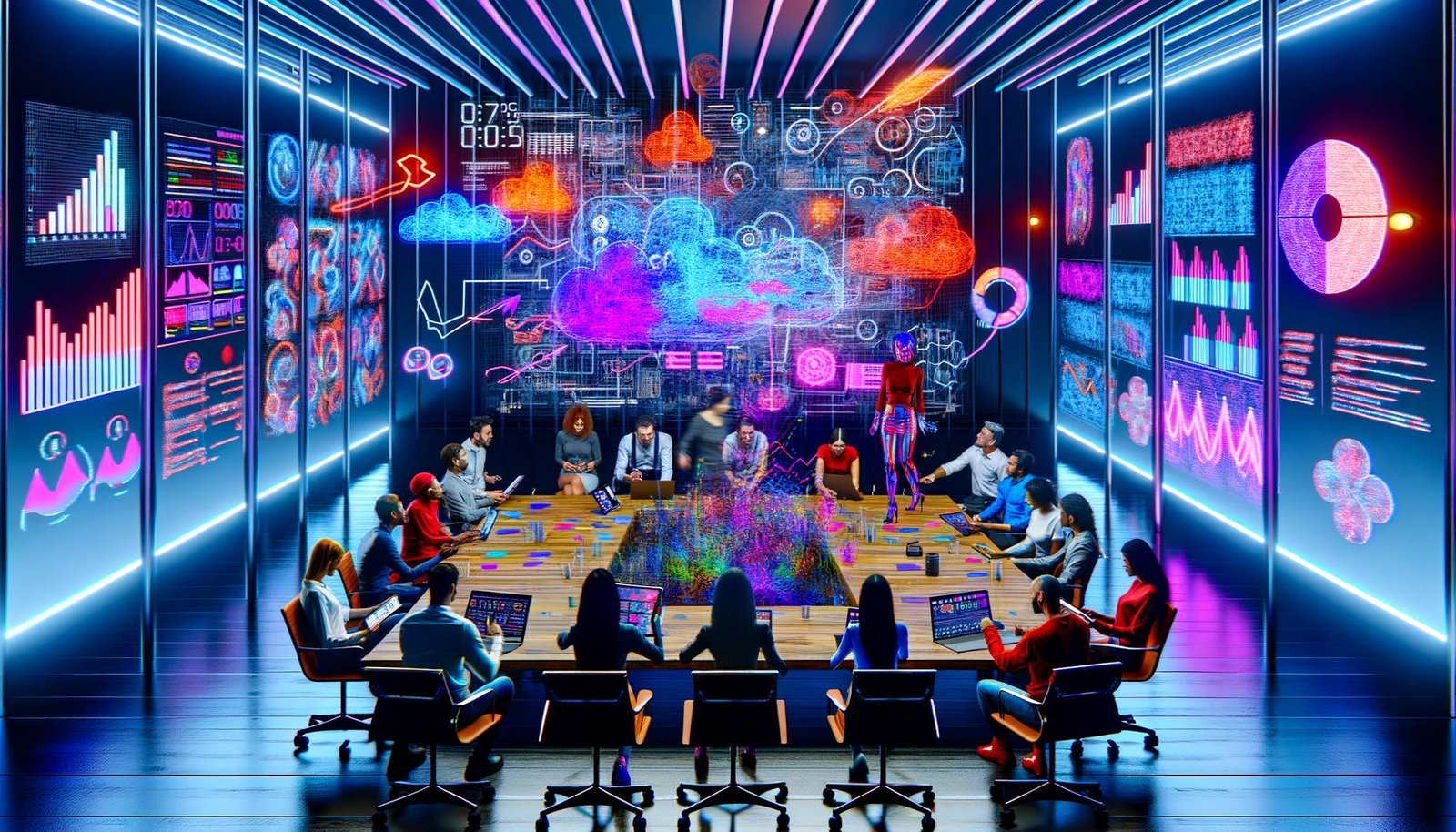 Diverse Marketing- und Kreativprofis diskutieren an einem modernen Konferenztisch mit digitalen Tools, interaktivem Analytics-Screen und bunten Notizen, symbolisch im Content Dschungel.