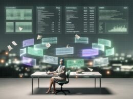 Marketingprofi an großem Schreibtisch mit schwebenden digitalen Dashboards und modernen R-Vorlagen, während alte Excel- und PowerPoint-Dateien im Hintergrund verblassen.