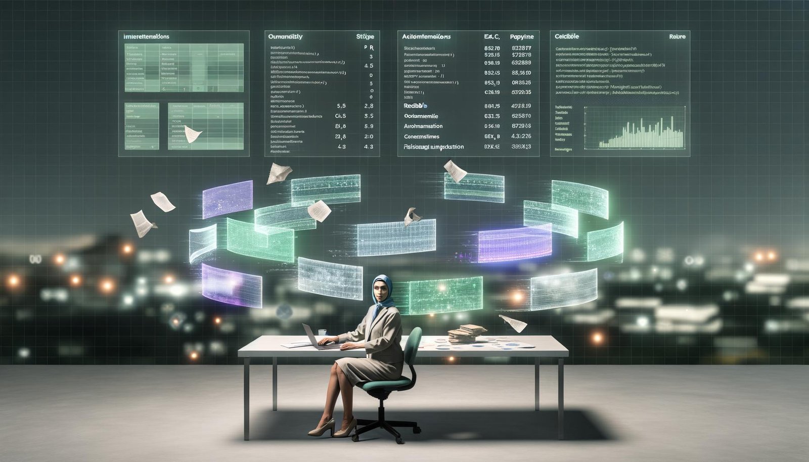 Marketingprofi an großem Schreibtisch mit schwebenden digitalen Dashboards und modernen R-Vorlagen, während alte Excel- und PowerPoint-Dateien im Hintergrund verblassen.