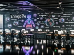 Futuristischer, offener Newsroom mit großen Displays, KI-gesteuerten digitalen Agenten, menschlichen Redakteuren und bunten Datenvisualisierungen.