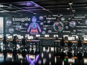 Futuristischer, offener Newsroom mit großen Displays, KI-gesteuerten digitalen Agenten, menschlichen Redakteuren und bunten Datenvisualisierungen.