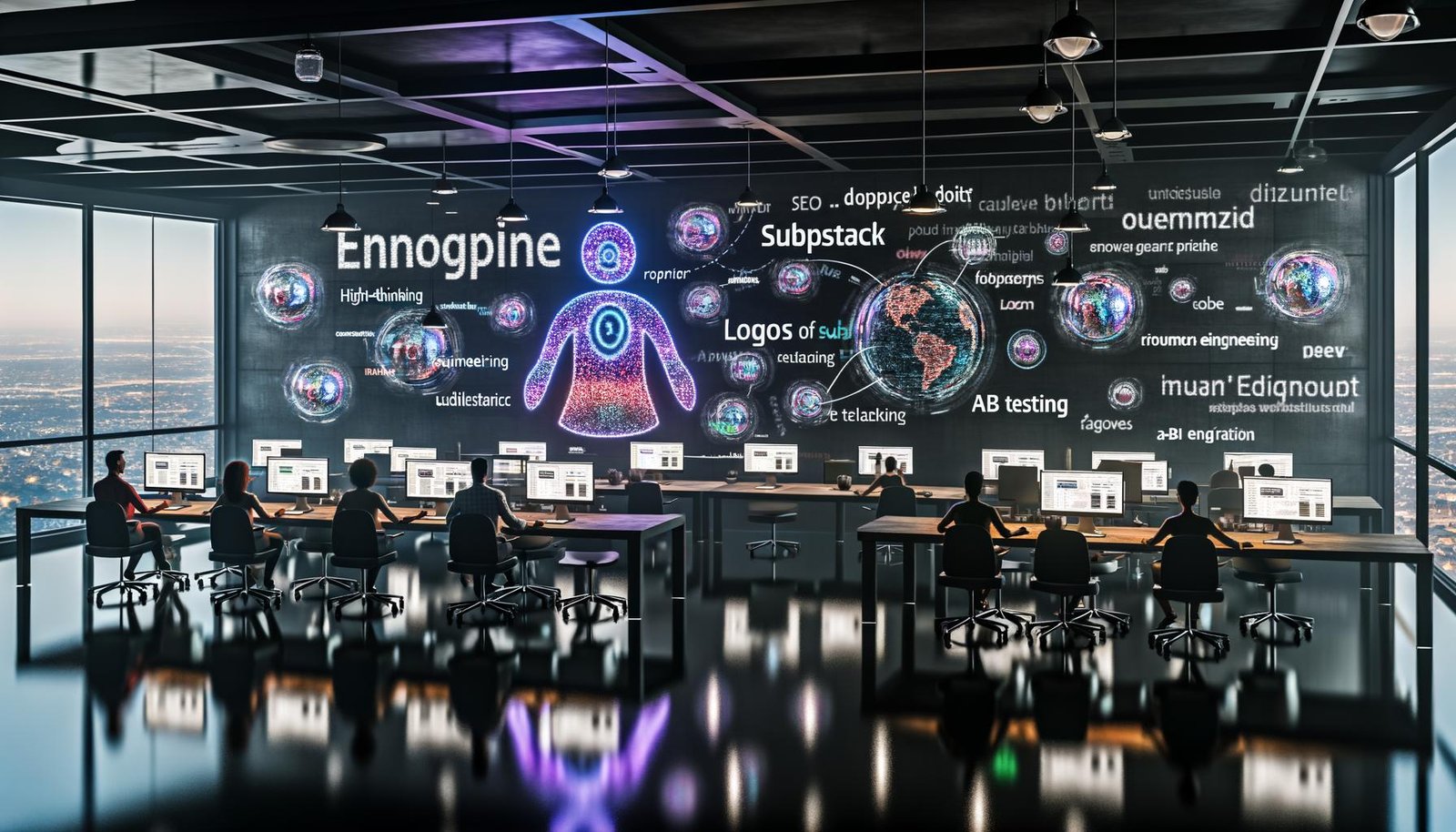 Futuristischer, offener Newsroom mit großen Displays, KI-gesteuerten digitalen Agenten, menschlichen Redakteuren und bunten Datenvisualisierungen.