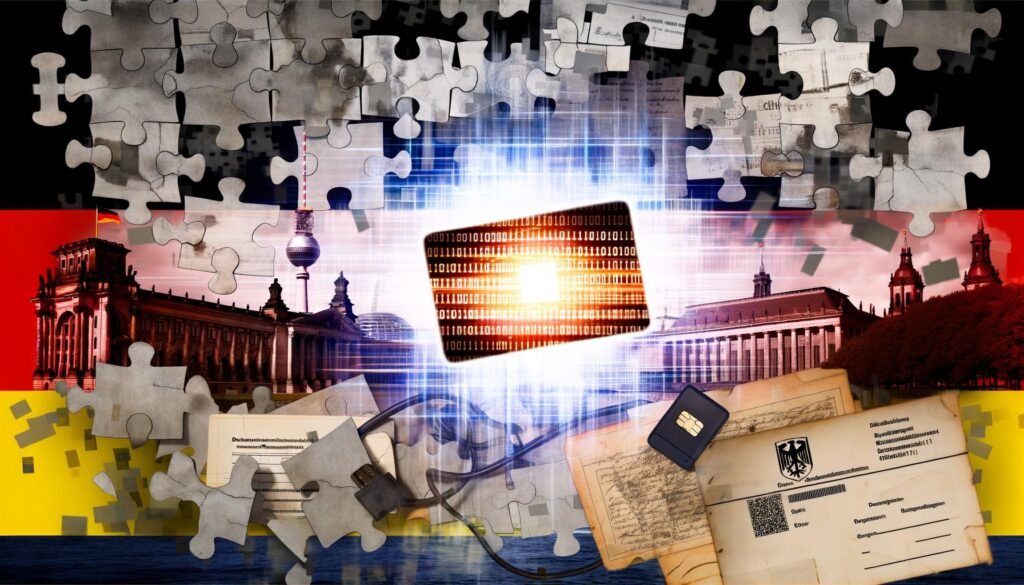 Zerfleddertes Puzzle mit deutschen Verwaltungsdokumenten, elektronischem Personalausweis, verstreuten Kabeln und Geräten vor unscharfer Skyline deutscher Regierungsgebäude und futuristischen Technologie-Elementen mit sichtbaren Hindernissen.