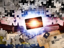 Zerfleddertes Puzzle mit deutschen Verwaltungsdokumenten, elektronischem Personalausweis, verstreuten Kabeln und Geräten vor unscharfer Skyline deutscher Regierungsgebäude und futuristischen Technologie-Elementen mit sichtbaren Hindernissen.