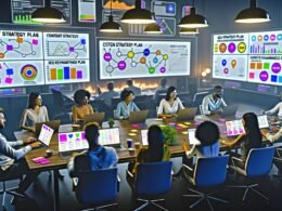 Marketer sitzen in einem modernen Großraumbüro an einem langen Tisch, arbeiten mit digitalen Tools, Diagrammen und Mindmaps an einem Content Strategie Plan.