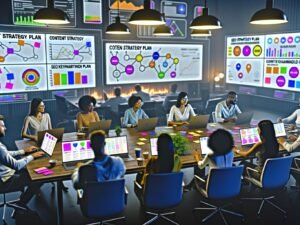 Marketer sitzen in einem modernen Großraumbüro an einem langen Tisch, arbeiten mit digitalen Tools, Diagrammen und Mindmaps an einem Content Strategie Plan.