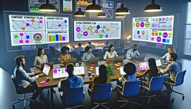 Marketer sitzen in einem modernen Großraumbüro an einem langen Tisch, arbeiten mit digitalen Tools, Diagrammen und Mindmaps an einem Content Strategie Plan.