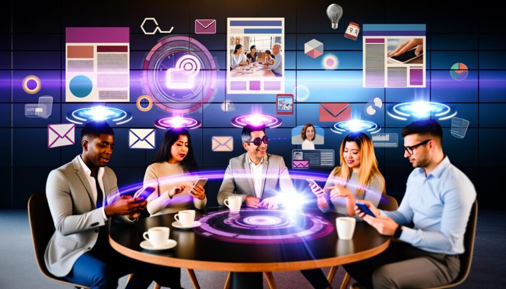 Modernes Büro mit diversen Marketers, die AR-Magazine auf Smartphones projizieren. Digitale Grafiken und CTAs schweben über dem Tisch, Substack-Logo auf Bildschirm im Hintergrund.