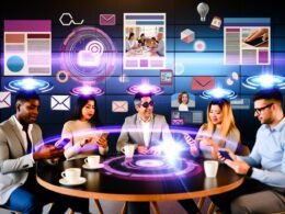 Modernes Büro mit diversen Marketers, die AR-Magazine auf Smartphones projizieren. Digitale Grafiken und CTAs schweben über dem Tisch, Substack-Logo auf Bildschirm im Hintergrund.