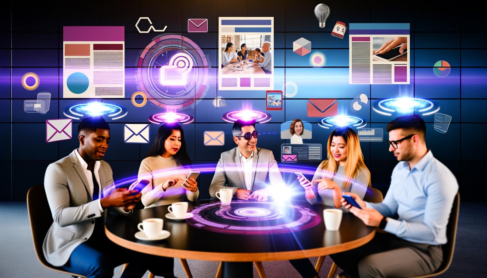 Modernes Büro mit diversen Marketers, die AR-Magazine auf Smartphones projizieren. Digitale Grafiken und CTAs schweben über dem Tisch, Substack-Logo auf Bildschirm im Hintergrund.