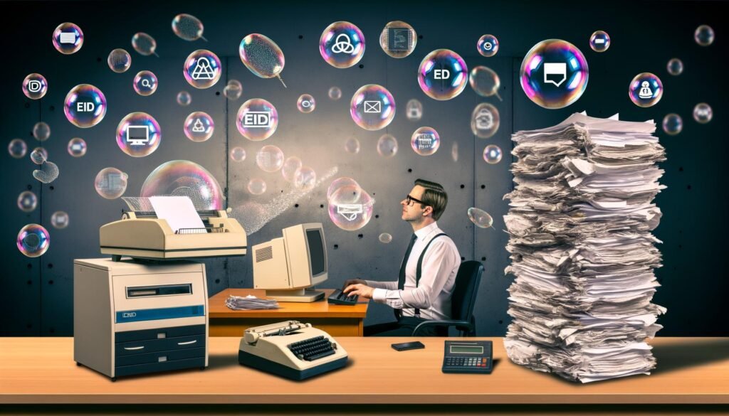 Satirisches Büro in Deutschland mit moderner Computertechnik, Faxgerät, Papierstapeln und schwebenden digitalen Symbolen wie eIDAS und Blockchain.