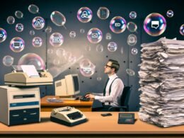 Satirisches Büro in Deutschland mit moderner Computertechnik, Faxgerät, Papierstapeln und schwebenden digitalen Symbolen wie eIDAS und Blockchain.