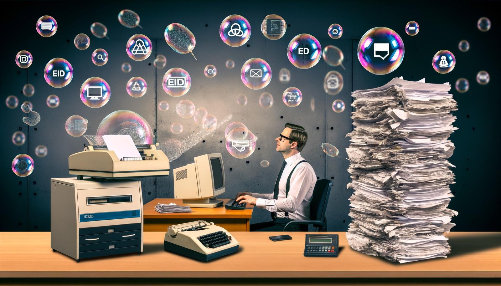 Satirisches Büro in Deutschland mit moderner Computertechnik, Faxgerät, Papierstapeln und schwebenden digitalen Symbolen wie eIDAS und Blockchain.