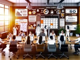 Dynamische Szene eines modernen Content-Teams, das im offenen Büro vor Monitoren mit Redaktionsplan, SEO-Tools und Kanban-Boards brainstormt und eng zusammenarbeitet.